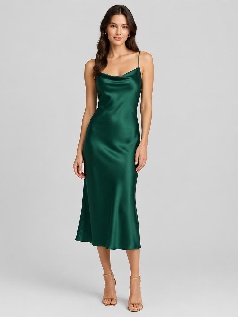 Satin Cowl Neck Midi Slip Dress