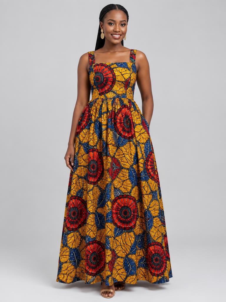 Ankara Print Square Neck Maxi Dress