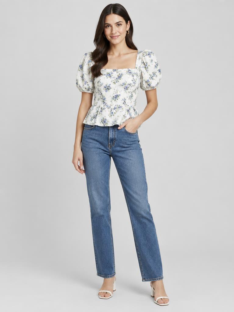Floral Puff Sleeve Peplum Blouse